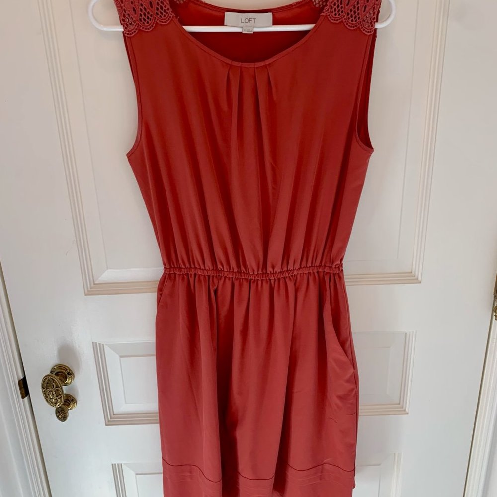 LOFT salmon-colored dress-lace, hem, light, comfy!